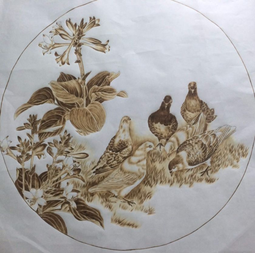 烫画作品《鸽声飞扬》