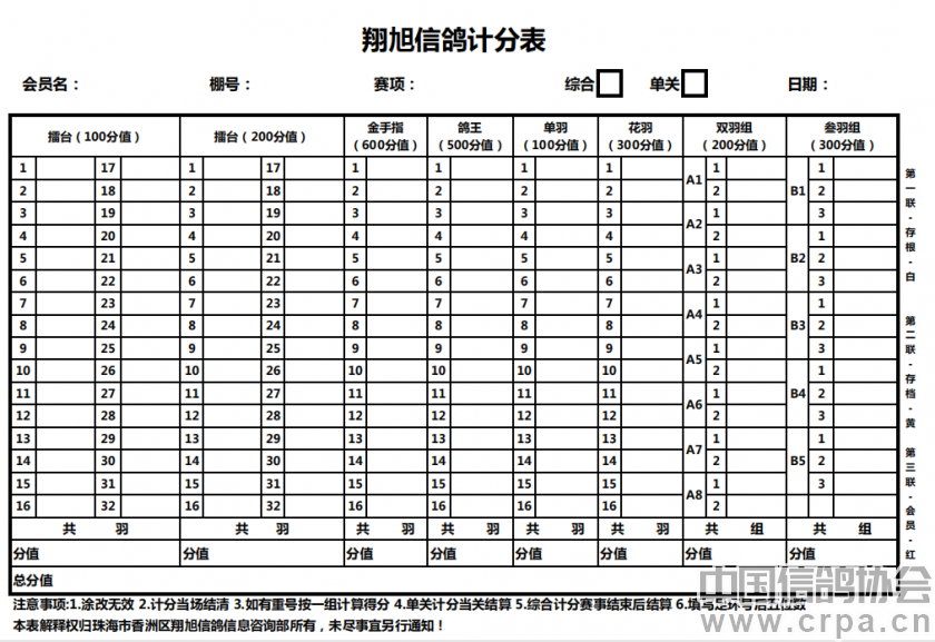 翔旭信鴿計分表